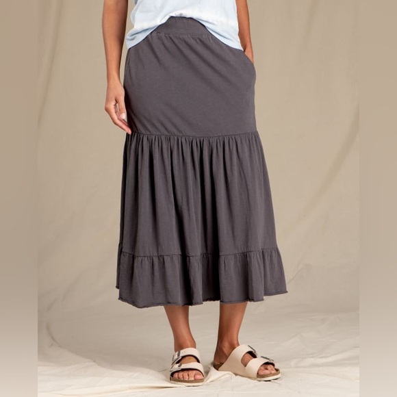 Toad&Co Primo Soot Gray Midi Skirt Size Small Tiered Pockets Organic Cotton - Picture 11 of 14